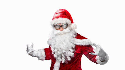 cool santa claus in sunglasses calls out discounts - isolated on the white background