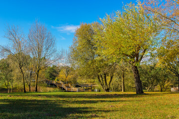 Beautiful outdoor park of Santa Margarida da Coutada with autumn colors. Trees with brown and yellow folliage in Constancia - Portugal