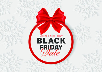 Fototapeta na wymiar Super Sale on Black Friday.Advertising banner for Black Friday. Realistic red bow. Black letters on a light background.New Year and Christmas design. Christmas background.Vector illustration.EPS 10
