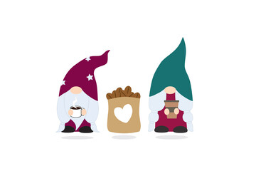 Cute couple boy and girl gnome and coffee
