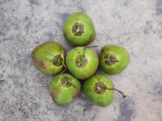 Whole green coconut or young coconut, on the ground, view from top