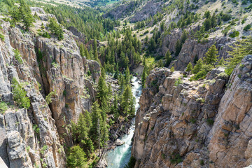 Fototapeta na wymiar Sunlight Creek flows through the Sunlight Gorge on the Chief Joseph Highway just outside the Beartooth Mountains and Yellowstone National Park in Wyoming on a sunny summer afternoon