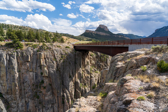 The Sunlight Bridge crosses the Sunlight Gorge and Sunlight Creek on the Chief Joseph Highway just outside the Beartooth Mountains and Yellowstone National Park in Wyoming on a sunny summer afternoon