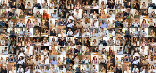 Horizontal collage made of portraits of multiethnic people, businessmen at office area, indoors....