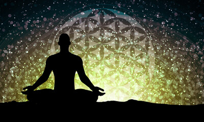 silhouette of a person meditating - energy background