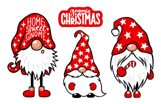 Christmas Gnomes vector set. Christmas quotes. Cute elf isolated on white.