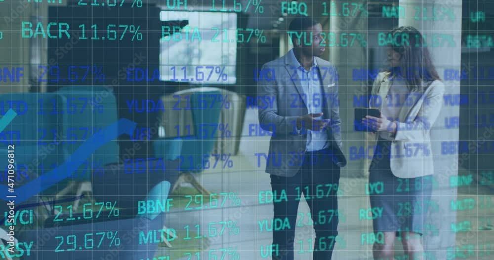 Poster animation of finance data processing over two diverse colleagues using tablet talking in corridor