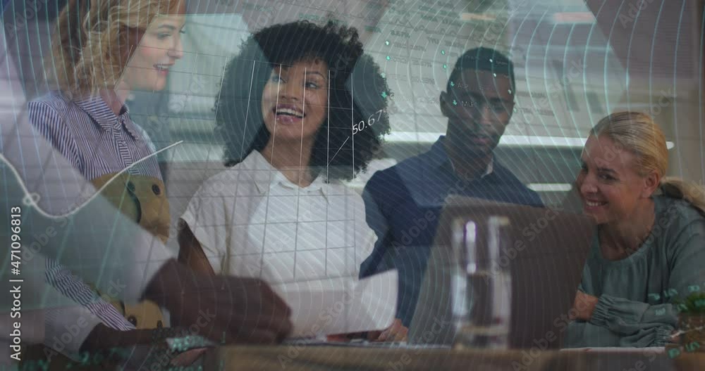 Poster Animation of statistics and data processing over smiling diverse colleagues clapping at meeting