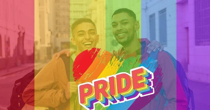 Animation of pride text over rainbow flag over happy male gay couple