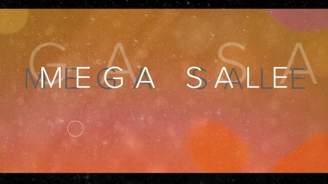 Animation of mega sale text in white, with glitches and circles on orange background