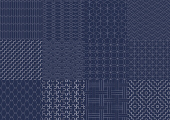 日本の伝統的な刺繍　刺し子のパターン集　紺色02 © kimkimchin