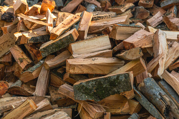 Wooden firewood. Firewood for the stove.  Background of chopped firewood.
