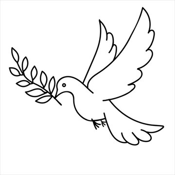 Hand-drawn black vector illustration of one dove with a branch is flying on a white background