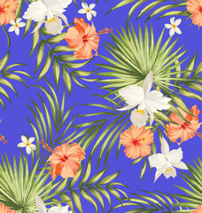 Naklejka premium Summer tropical vector pattern with birds and palm leaves. Seamless botanical background. Tropic wallpaper.