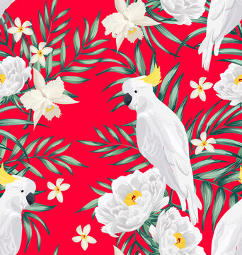 Summer tropical vector pattern with birds and palm leaves. Seamless botanical background. Tropic wallpaper.