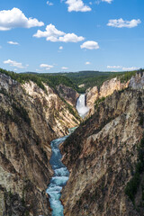 The Lower Falls waterfall on the Yellowstone River crashes down in the Grand Canyon of the Yellowstone in Yellowstone National Park in Wyoming