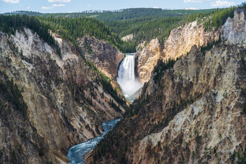 The Lower Falls waterfall on the Yellowstone River crashes down in the Grand Canyon of the Yellowstone in Yellowstone National Park in Wyoming