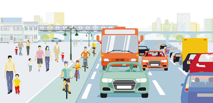 Stadt mit Bus und Radfahrern und Verkehr, illustration