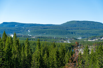 A view of Norris Geyser Basin from afar, overlook from the Grand Loop Road in Yellowstone National Park in Wyoming on a sunny summer day