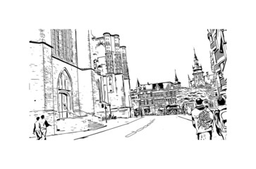 Fototapeta premium Building view with landmark of Leuven is the city in Belgium. Hand drawn sketch illustration in vector.
