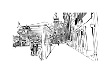 Building view with landmark of Leuven is the 
city in Belgium. Hand drawn sketch illustration in vector.