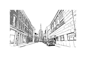 Fototapeta na wymiar Building view with landmark of Leuven is the city in Belgium. Hand drawn sketch illustration in vector.