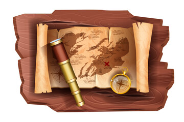 Old pirate map, vector antique vintage parchment paper scroll, golden compass, spyglass, wooden board. Corsair adventure treasure picture, ancient navigation roll game object. Medieval pirate map © Oleksandra