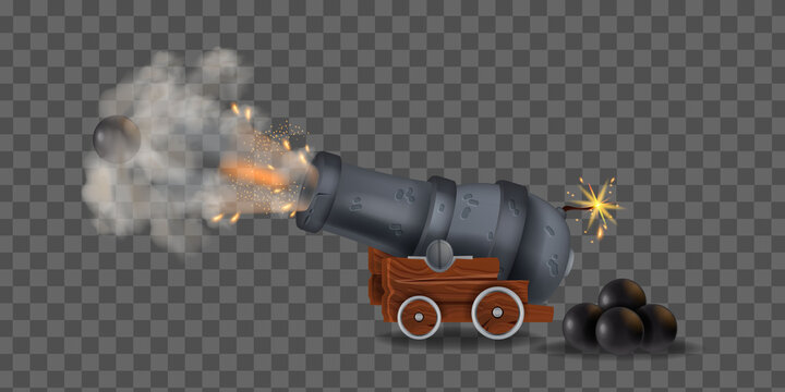 Ancient iron cannon, vector vintage military illustration, shooting old weapon, smoke and fire, cannonball. Pirate medieval explosion game clipart on transparent background. Ancient corsair cannon