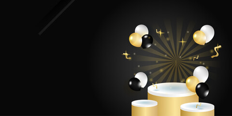 Abstract 3D black gold podium stage background. Vector abstract graphic design banner pattern background template.