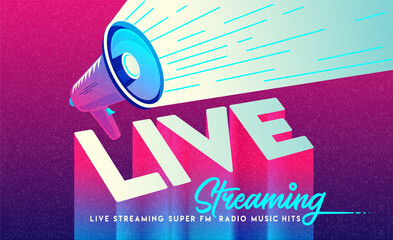 Live streaming logo with play button. Online stream music sound sign. 3d effect simple vector design. Web banner or poster easy editable for template. loading,player, broadcast, website, online radio.