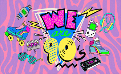 90s and 80s poster. We are 90's. Retro style textures and alphabet mix. Aesthetic fashion background and eighties graphic. Pop and rock music party event template. Vintage vector poster, banner.