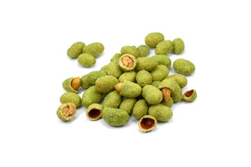 Pile of wasabi coated peanuts isolated on white.