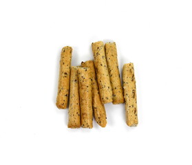 Salty pretzel sticks isolated on white background. Grissini on a white background. Fresh breadsticks. 