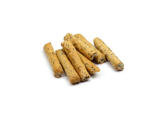 Salty pretzel sticks isolated on white background. Grissini on a white background. Fresh breadsticks. 