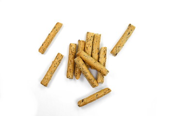 Salty pretzel sticks isolated on white background. Grissini on a white background. Fresh breadsticks. 