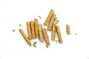 Salty pretzel sticks isolated on white background. Grissini on a white background. Fresh breadsticks. 