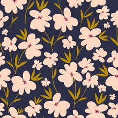 Elegant floral pattern, Light pink flowers. golden leaves . dark blue background. Floral seamless background for fashionable prints. Vintage print. Seamless vector texture.