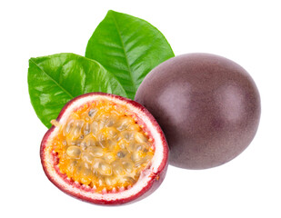 Passion fruit with green leaves, isolated on white background. Passionfruit or maracuya, exotic fruit. Clipping path.