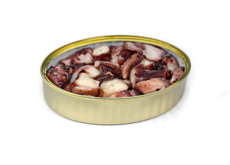 Canned octopus in olive oil with white background