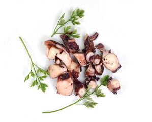 Seafood octopus slices isolated on white background.