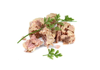 Canned tuna isolated on white background.
