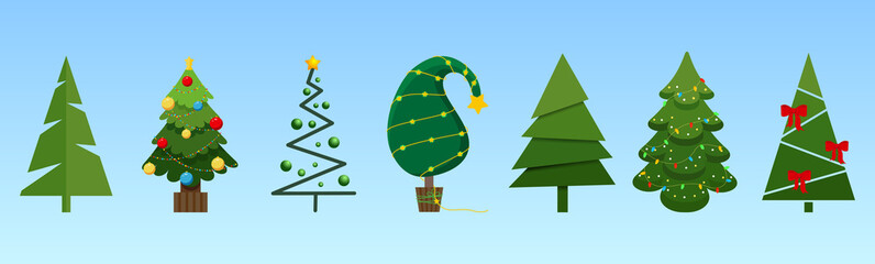 Vector festive set of Christmas trees with decoration