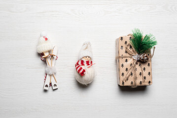 Christmas concept background. Christmas decorations on the white wooden table background.