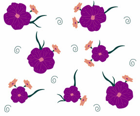 seamless pattern of purple petunias on a white background