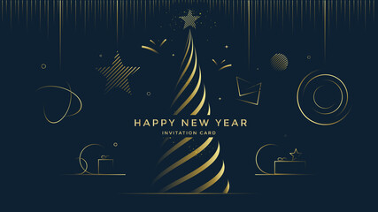 Happy New Year greeting card design with stylized Christmas tree and gold decoration on dark background. Merry Christmas Golden line illustration