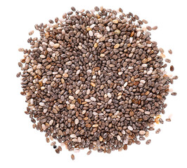 Chia seeds isolated on white background. Healthy superfood. Closeup macro of small organic chia seeds. Top view.