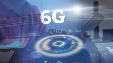 Animation of 6g text and scope scanning over african american businessman using tablet in office - Powered by Adobe