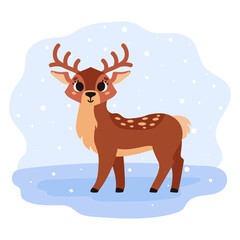 Cute brown spotted deer with horns. Forest wild animal. Winter time. Vector cartoon illustration. Isolated on white background.