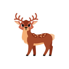Cute brown spotted deer with horns. Forest wild animal. Vector cartoon illustration. Isolated on white background.