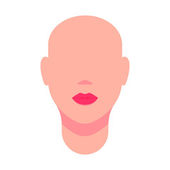 Woman's head and neck model. Red lips, ears, no eyes, no hair. Vector illustration, flat minimal cartoon color design, isolated on white background, eps 10.